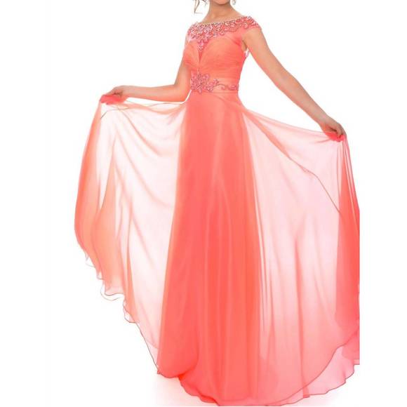 NEW PRECIOUS FORMALS hand beaded chiffon illusion prom dress in pink coral